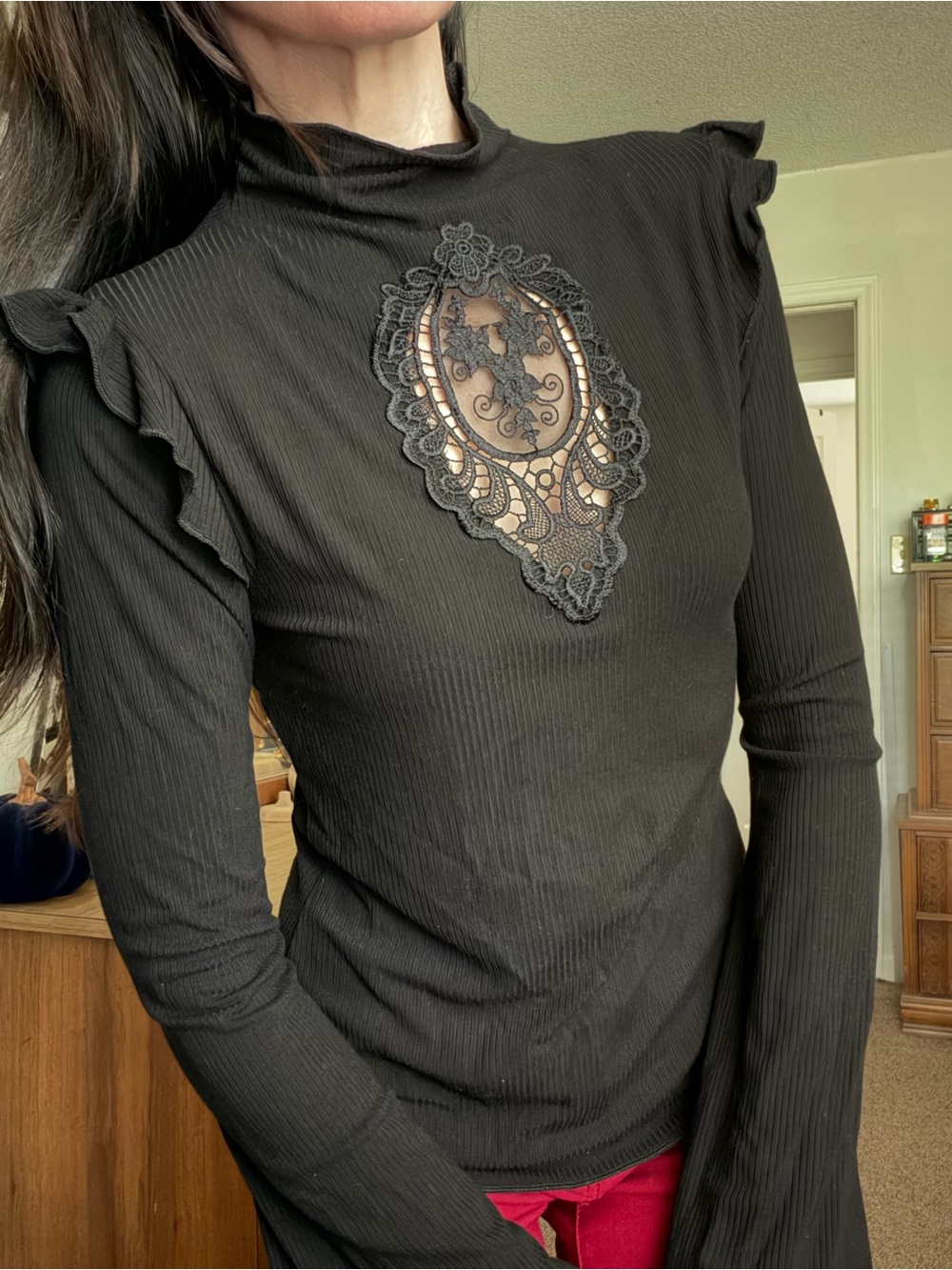 Killstar Black Ribbed Long-Sleeve Top with Lace Medallion
